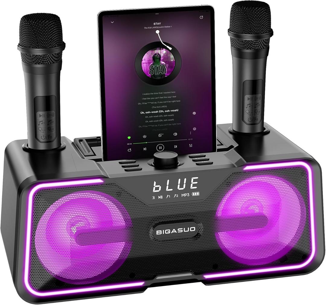 BIGASUO Portable Karaoke Machine with 2 UHF Wireless Microhpne LED Light Bluetooth Singing Karaoke PA Speaker System for Home Party Wedding Church Picnic Outdoor/Indoor
