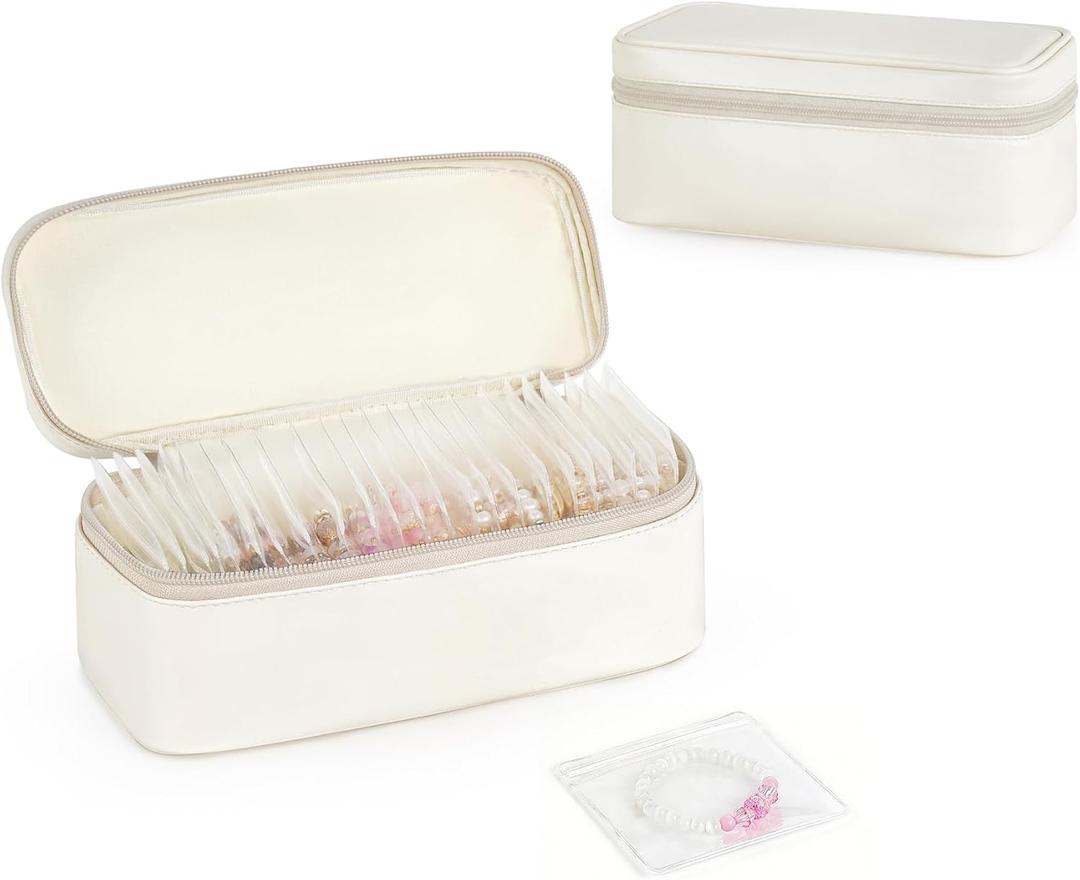 Mkono Travel Jewelry Case, Leather Travel Jewelry Organizer with 40 PVC Bags for Necklaces, Earrings, Rings, Bracelets Jewelry Box Storage Ideal for Trips & Gifts