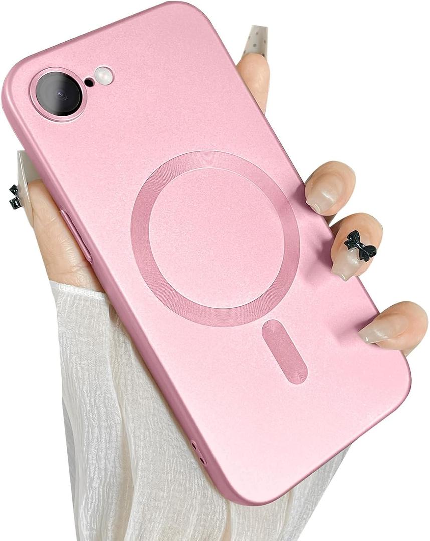 Magnetic for iPhone 16e Case, with Camera Lens Protector, Compatible with Magnetic, Slim Shockproof Bumper Soft Silicone Metallic Lustre Phone Case for iPhone 16e, Pink