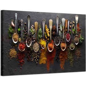 iHAPPYWALL Large Kitchen Pictures Wall Decor Couful Spice in Spoon Vintage Canvas Wall Art Food Photos Painting On Canvas Stretched and Framed for Home Decoration Gift Ready to Hang 24x36inch