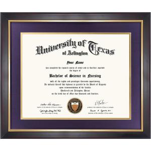 11x14 Wood Diploma Frame with Purple Mat or Display 14x17 Certificates without Mat,UV Protection Acrylic,Deep Brown Finish with Gold Trim