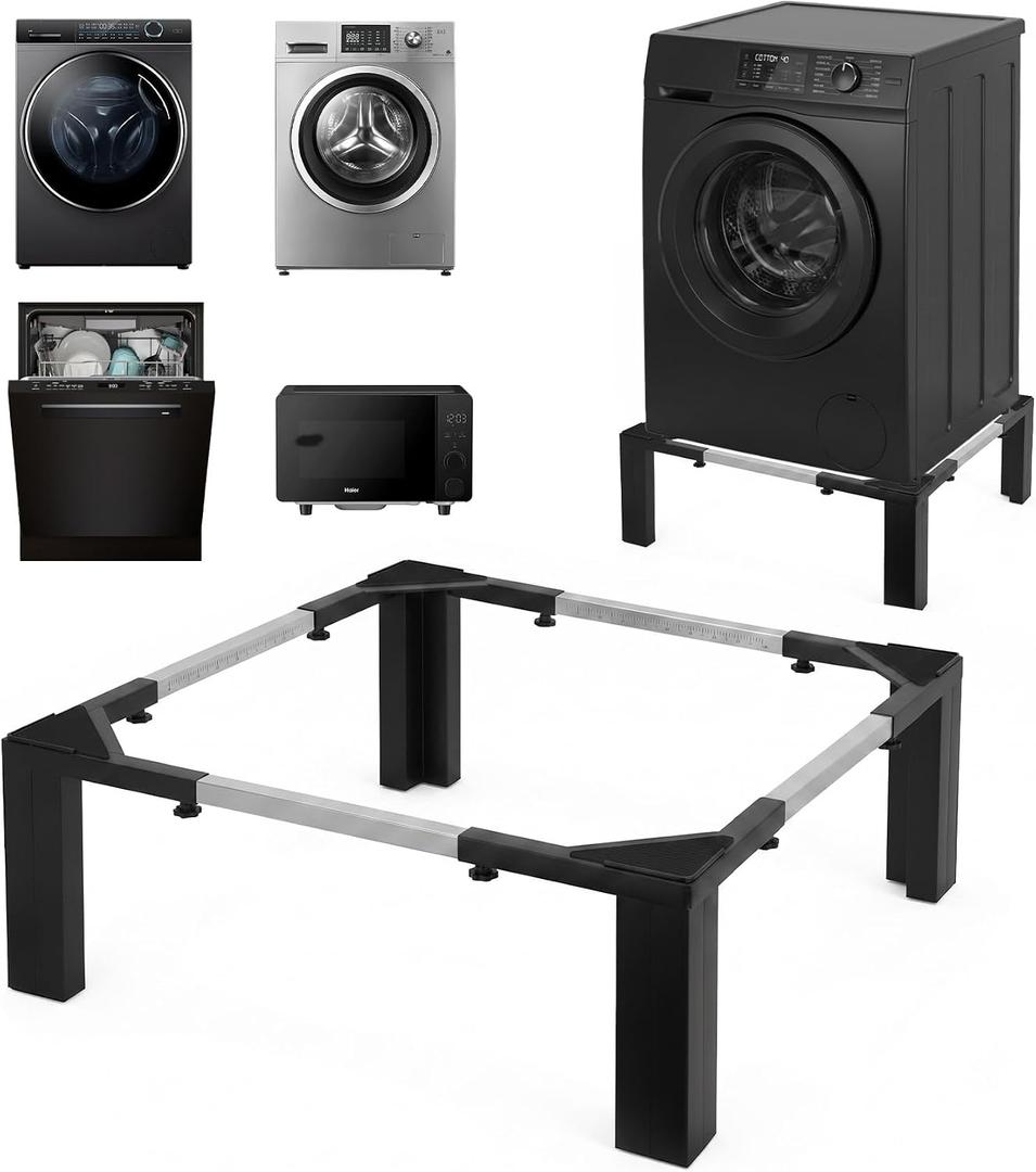 Adjustable Washer Dryer Pedestal, 12” Heavy Duty Stand (1200 lbs), 19”-29.5” Universal Fit Laundry Riser with Anti-Vibration Pads, Stainless Steel Base for Washing Machine, Dryer, Refrigerator,Black
