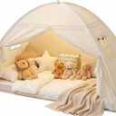 Toddler Bed Tent Canopy: Lights & Flags Indoor Floor Twin Bed Kids Tent Play Tent - Twin Bed Curtains - Girls&Boys Play House Bedroom Privacy Space Sleeping Tents Gifts Large Teepee Tent, Golden Beige, 75x40x46", Suggested for Twin