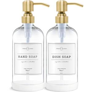 Vine Creations Clear Glass Soap Dispenser, 2 Pack Kitchen Soap Dispenser Set with Stainless Steel Pump, 16 oz Dish Soap and Hand Soap Dispensers for Bathroom with Waterproof Labels (Clear Bottle / Brushed Gold Pump)