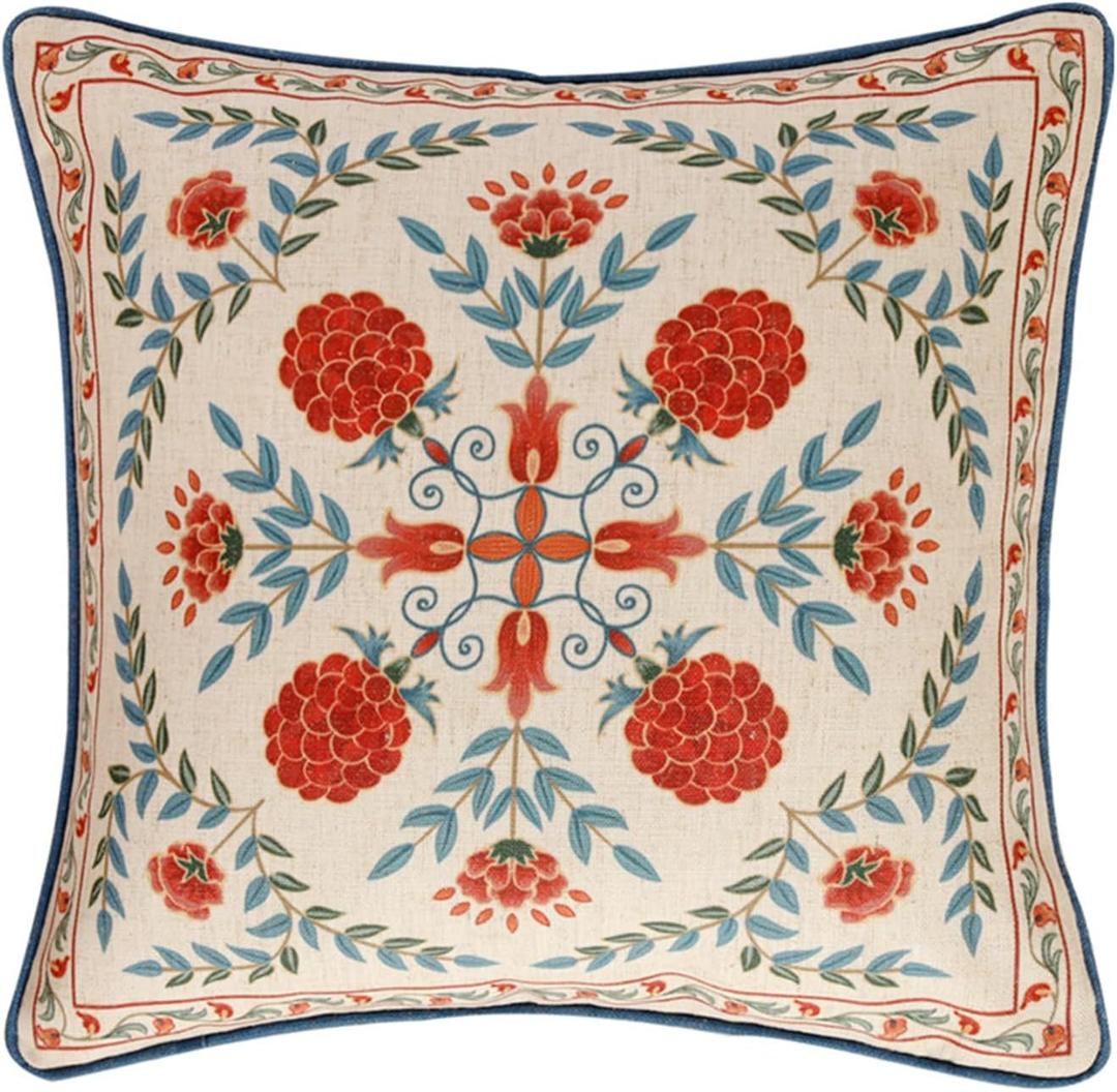 patdrea Designer Throw Pillow Covers,Square Brilliant Vintage Red Tropical Linen with Floral Pattern Pillow Cover,Decorative Pillowcases Cushion for Bed Living Room Outdoor Car,18"x18"