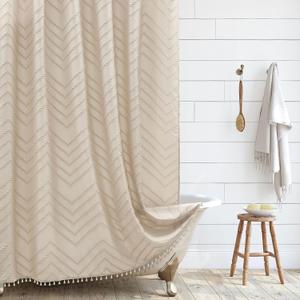 Boho Farmhouse Shower Curtain Woven Fabric Cute Beige Shower Curtain, 72 x 72 Tufted Chevron Textured Striped Modern Farmhouse Minimalist for Bathroom