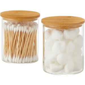 INIUNIK Glass Qtip Holder Dispenser with Bamboo Lid - 2 Pack Apothecary Jars - Cotton Balls Pads Swabs Holder Jar - Bathroom Vanity Canisters Jars for Countertop Storage and Organization