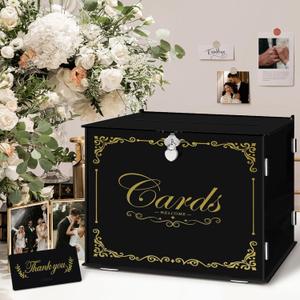 Ywlake Black Wedding Gift Card Box with Lock and Slot Acrylic Money Cash Post Thanks Card Box Large Letter Envelope Cards Holder Boxes for Reception Anniversary Birthday Party Bridal Baby Shower