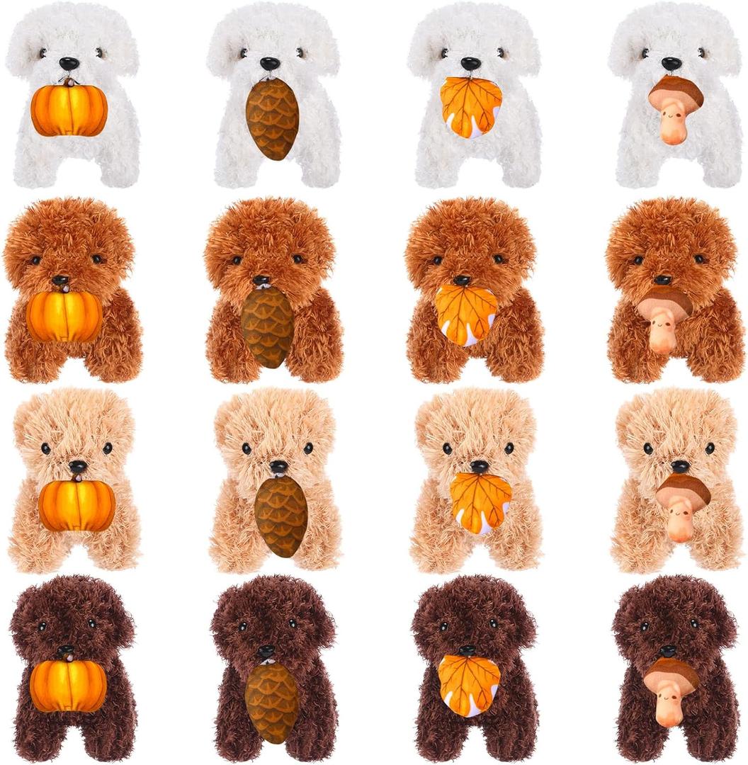 Vinsot 16 Pcs Thanksgiving Stuffed Animals Bulk Dog Plush with Pumpkin Maple Leaves Min Puppy Dog for Stuffed Animal Thanksgiving Theme Party Favors Gift