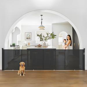 Upgrade Retractable Baby Gates Extra Wide (200" W x 42" H), 200 inch Reinforced Retractable Dog Gate to Prevent Crawling Through, Retractable Gate Outdoor/Indoor, Real One-Handed Operation, Black