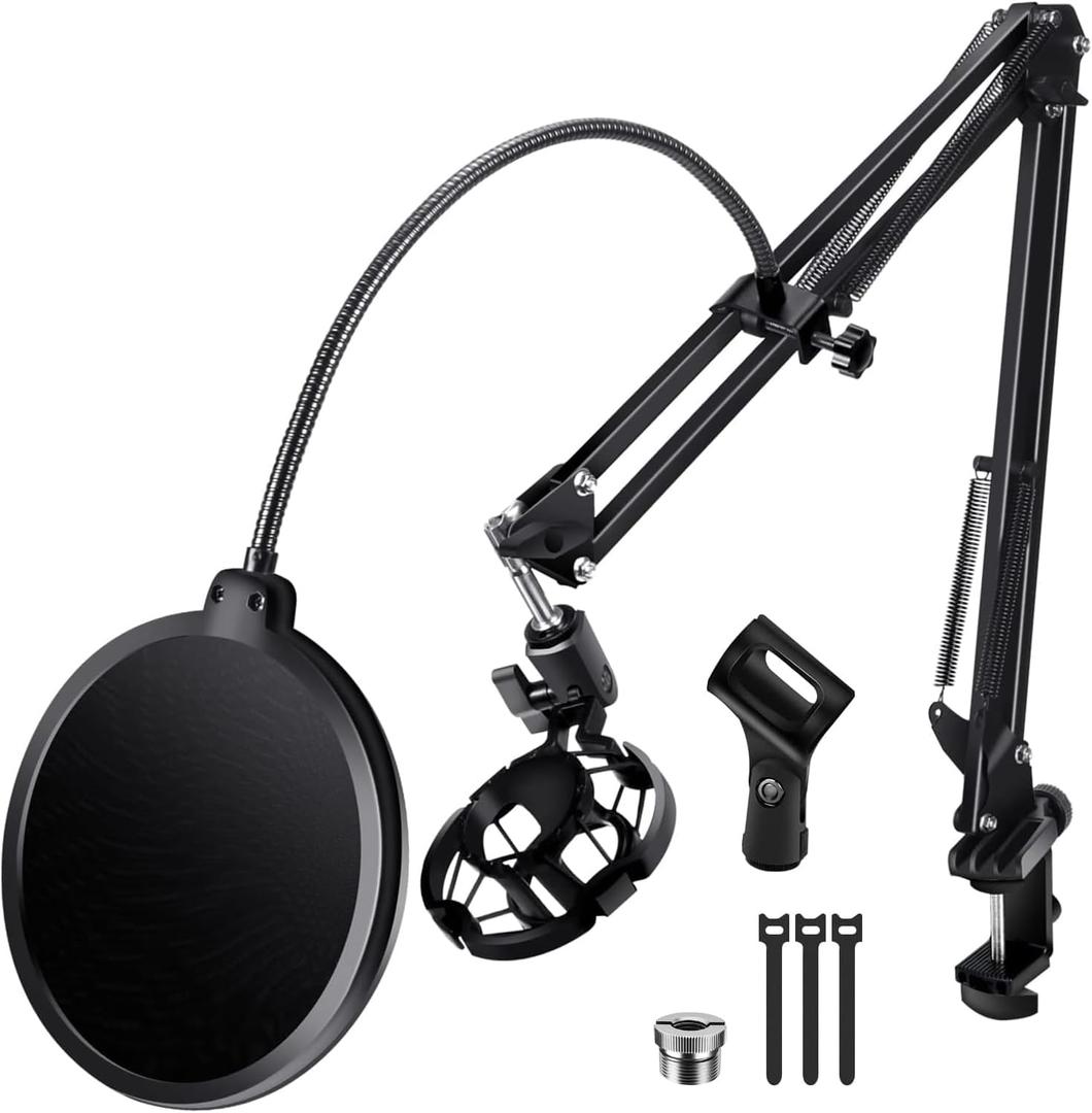 BILIONE Microphone Stand, Mic Boom Arm Stand for Blue Yeti QuadCast S SoloCast Snowball AM8 and other Mics, with Pop Filter Shock Mount Microphone Clip Cable Ties