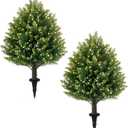 21'' Artificial White Berries Topiary Ball Trees with Ground Spike, UV Resistant Fake Plant Brush, 2 Pack Artificial Cedar Shrubs for Outdoor Indoor Front Porch Garden