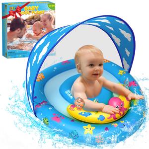 ZIZZ Baby Pool Float with Canopy - 2025 New Inflatable Baby Swim Float with UPF50+Sun Protection, Baby Infant Pool Float with Toy Play Console Adjustable Seat for Toddler Kids Aged 6-36 Months (Blue)