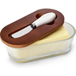 Butter Dish with Lid, Glass Butter Container for Countertop, Butter Keeper Holder with Wood Lid and Knife for East West Coast Butter Stick, Kitchen Counter Dcor (Dark and Stripe)