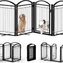 Metal Free Standing Dog Gate with Door for Indoor & Outdoor,30" Tall Foldable Dog Fence,80" Extra Wide Freestanding Pet Gate for Large Openings,Stairs,Deck,Yard,Doorways,with Cat Door(4 Panels,Black)