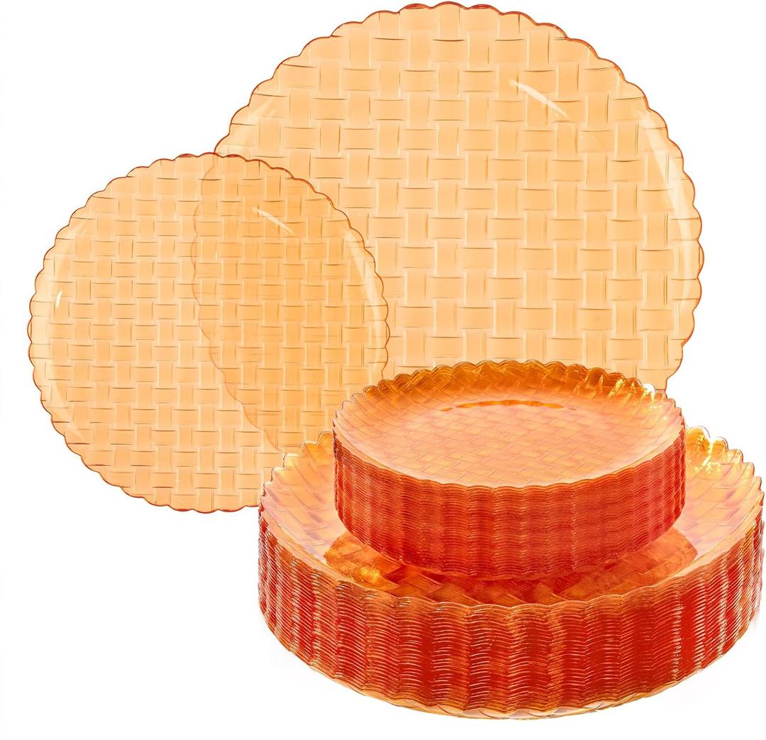Festiva 60PCS Clear Orange Plastic Plates - Heavy Duty Weave Pattern Fancy Disposable Plates -serve for 30 guests Include 30PCS 10" & 30PCS 7" Plates for Birthday & Easter Party (Orange)