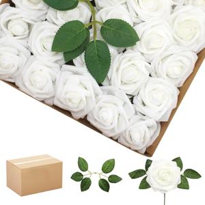 200PCS Artificial Flowers White Roses Real Looking Foam Fake Roses with Leaves and for DIY Wedding Bouquets Bridal Shower Centerpieces Party Decorations (White, 200)