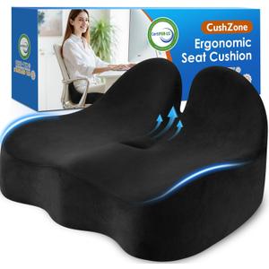CushZone Seat Cushion, Ergonomic Memory Foam Seat Cushions for Office Chairs, Car, Long Trip, Desk Chair, Lab, Extra Large Size for Sciatica & Hip & Tailbone Pain Relief, Sciatica Support (Black)