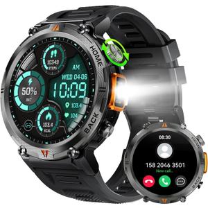 Military Smart Watch for Men (Call Receive/Dial) with LED Flashlight, 1.45" HD Outdoor Tactical Rugged Smartwatch, Sports Fitness Tracker Watch with Heart Rate Sleep Monitor for iPhone Android Phone (Black KE3)