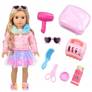 FUNCREVITY American 18 Inch Doll Accessories Sleepover Pajama Set with Travel Suitcase, Doll Accessories Bundle, Wigs, Sunglasses, U-Shaped Unicorn Pillow(No Doll)