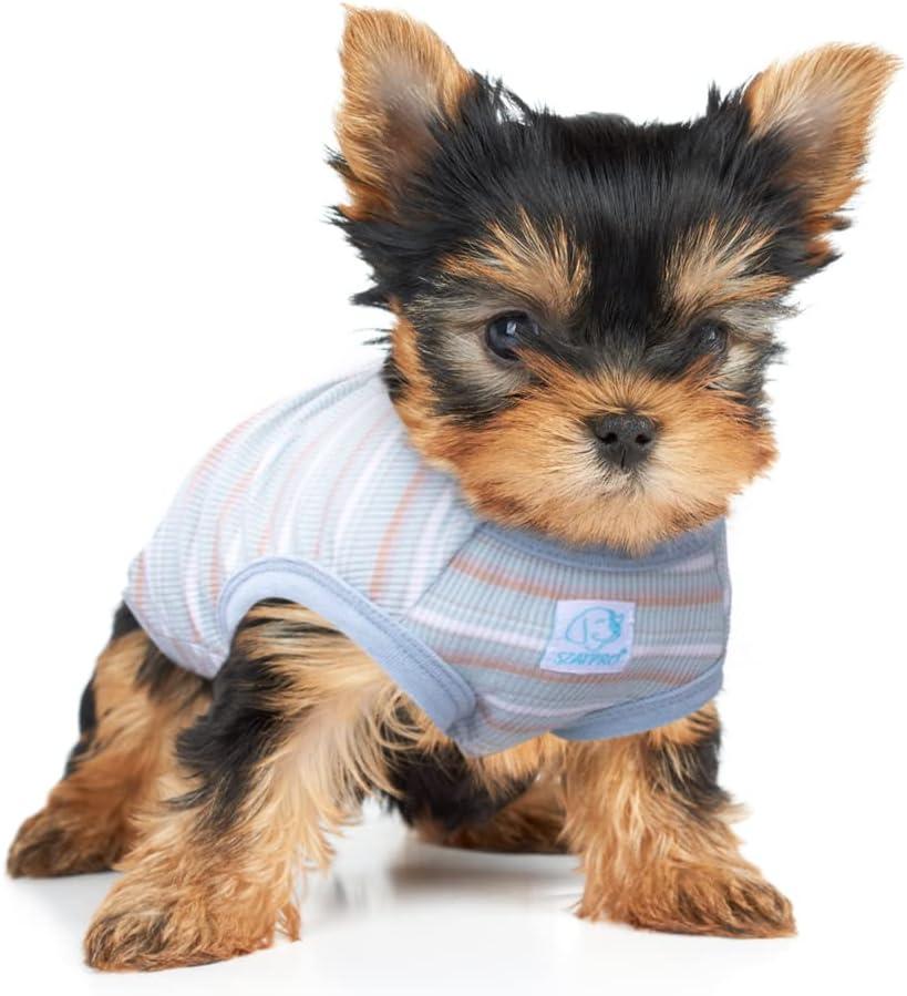 Striped Teacup Pet Dog T-Shirts, 100% Cotton Tank Vest for Small Dogs and Cats, Sleeveless Puppy Clothes for Chihuahua Yorkie Grey Green, 2X-Small
