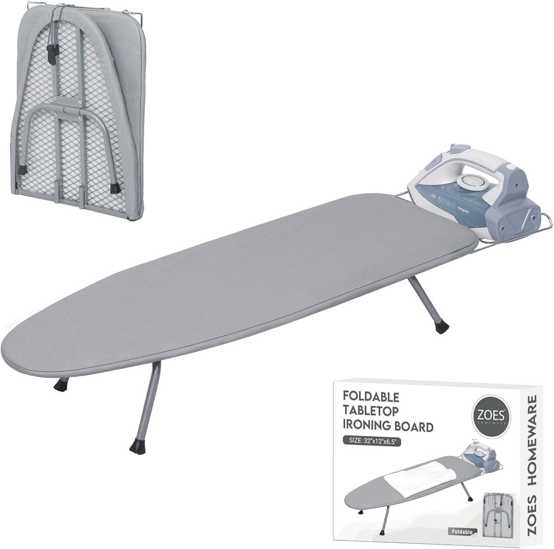 ZOES HOMEWARE Ironing Board, Small Iron Board with Iron Rest, Mini Tabletop Ironing Board with Heat-Reflective Cover and 100% Cotton 8mm Thicken Pad, 31.5"x11.8"x6.2", Silver