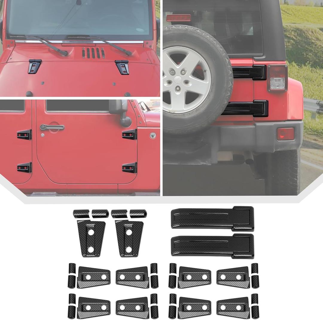 JeCar 12PCS Full Set Black Carbon Fiber Door Hinge Cover Trim Kit Fit for 2007-2018 Jeep Wrangler JK JKU Door Hinge Covers & Hood Hinge Covers & Tailgate Hinge Covers