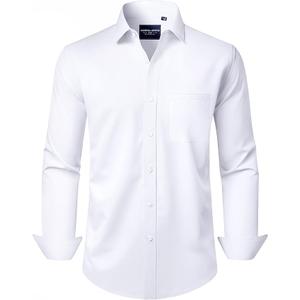 Alimens & Gentle Men's Dress Shirts Long Sleeve Wrinkle-Free Stretch Shirts Solid Formal Button Down Shirt with Pocket L White