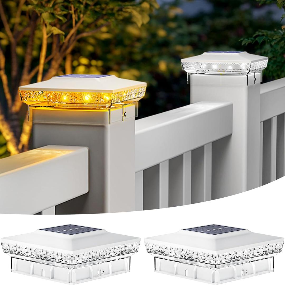 btfarm 2 Pack Solar Post Cap Lights Outdoor, 2 Mode 16 LED Fence Post Light Fit 4x4 3.5x3.5 Wooden/Vinyl, Waterproof Bright Solar Powered Lights Outside for Deck Patio Porch Garden Decoration, White
