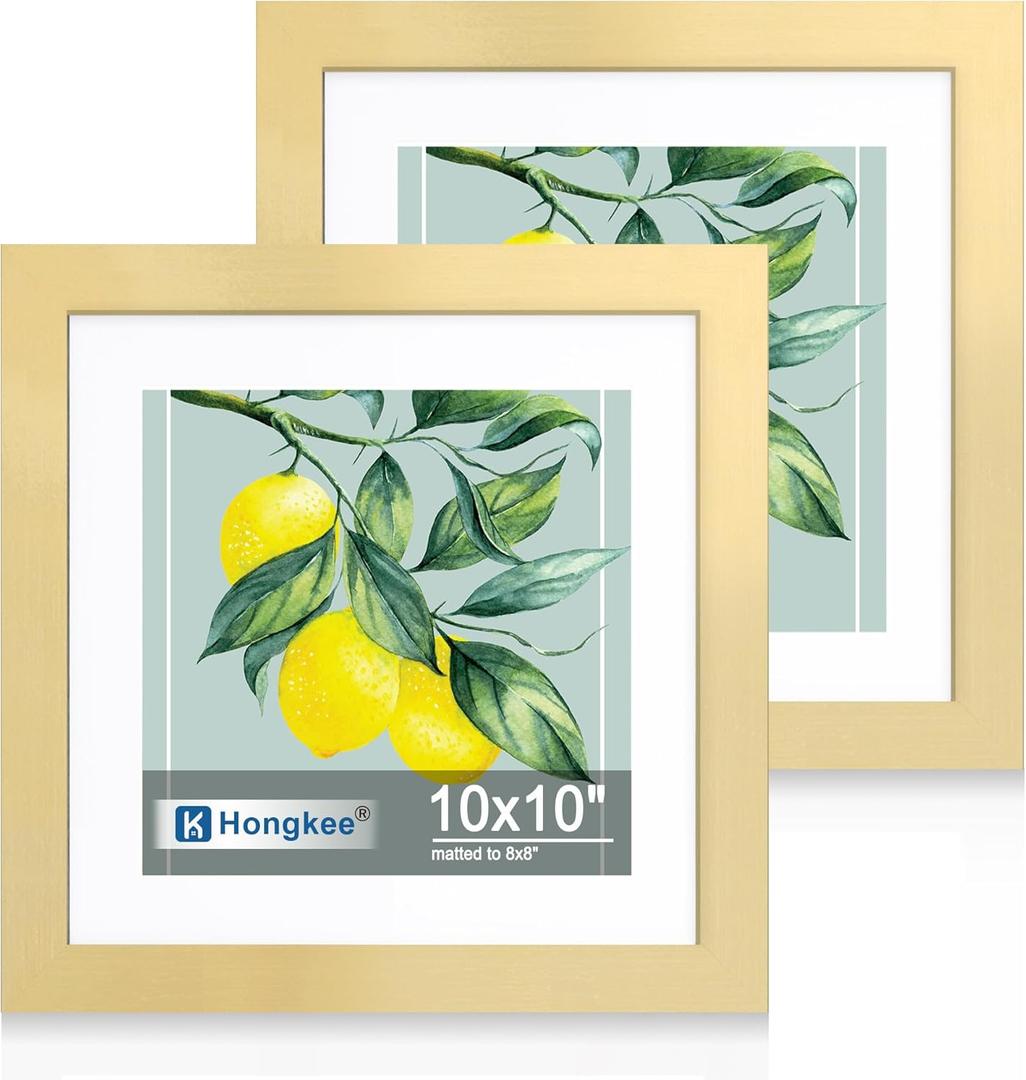 Hongkee 10x10 Picture Frame Set of 2, Made of Real Glass and Gold Wooden Frame - Display Square 8x8 with Mat or 10x10 Without Mat, 10 by 10 Photo for Wall or Tabletop