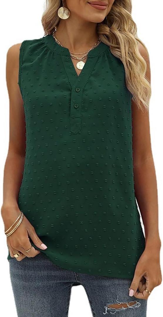 Women's Tunic Tank Tops Dressy Casual Sleeveless Shirts 2025 Trendy Summer Beach Loose Fit Swiss Dot V-Neck Blouses (Green, M)