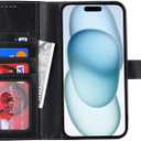 Zouzt for iPhone 15 Plus 6.7 Inch Genuine Leather Wallet Case with Card Holder, Compatible with MagSafe Magnetic Wireless Charging Flip Folio Book Cover Women Men for iPhone 15 Plus - Black