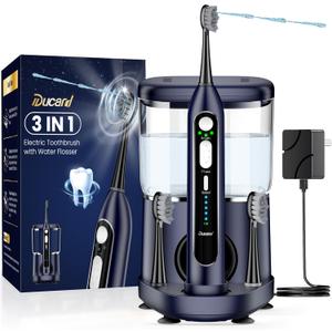 Electric Toothbrush with Water Flosser Combo for Adults: 3 Brushing Modes & 5 Floss Speeds- Rechargeable Teeth Cleaner with 500mL Tank- Gum Care & Whitening, Travel-Friendly & Family Use (Dark Blue)
