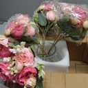 Artificial Peonies Silk Flowers in Glass Vase Faux Flowers Bouquets Modern Penoy Arrangement 4 Pack for Home Decoration Table Centerpiece (Rose Red)