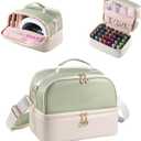 Nail Polish Organizer Holds 35 Bottles & Nail Lamp, Nail Organizers and Storage, Double Layer Nail Bag with Handle & Shoulder Strap for Travel, Nail Supplies Organizer for Manicure Kit (Green+Beige)