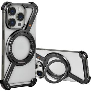 OATSBASF Minimalist Phone Case Compatible with iPhone16 Pro 6.3", 360 Rotation Kickstand Aluminum Metal Frameless Design Bumper Z Case, Protective Shock Grade Shell, Black