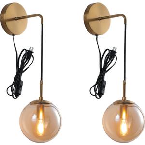 KUZZULL Wall Sconces Set of Two Plug in Wall Sconces with Globe Amber Glass Shade Wall Lamp with Cord Wall Sconce Plug in Brushed Brass Gold Sconces Set of 2 Wall Light Sconce