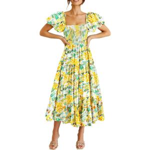 PRETTYGARDEN Women's Casual Summer Midi Dress Puffy Short Sleeve Square Neck Smocked Tiered Ruffle Dresses (Yellow, M)