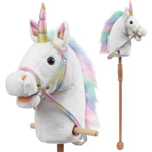 HollyHOME Unicorn Stick Horse with Wood Wheels Real Pony Neighing and Galloping Sounds Unicorn Hobby Horse with Rainbow Glitter Bridle, White 36 Inches(AA Batteries Required)