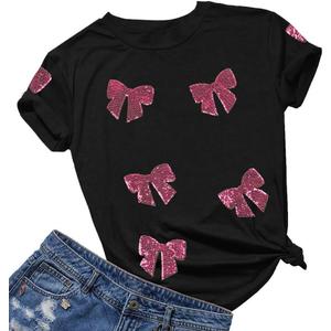 Womens Bow Shirt Coquette Aesthetic Shirts Cute Sequin Graphic Tees Trendy Pink Bow Ribbon Short Sleeve Tee Tops (X-Large, Black)