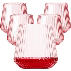40 Pack Plastic Ribbed Wine Glasses, 14Oz Origami Disposable Wine Glasses Unbreakable Clear Plastic Cocktail Glasses Recyclable Shatterproof Reusable Wine Cups (14oz-pink-40pack)