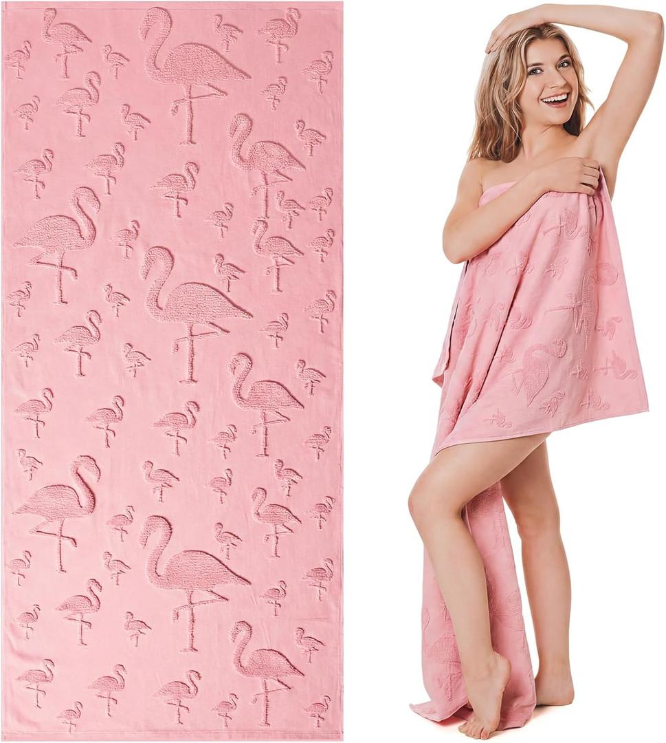 Oversized Flamingo Beach Towel, 100% Cotton Jacquard Weave Pool Towel, Extra Large Flamingo Beach Towels, Quick Dry Summer Towels for Pool Swimming Travel Bath, 30"x 70"