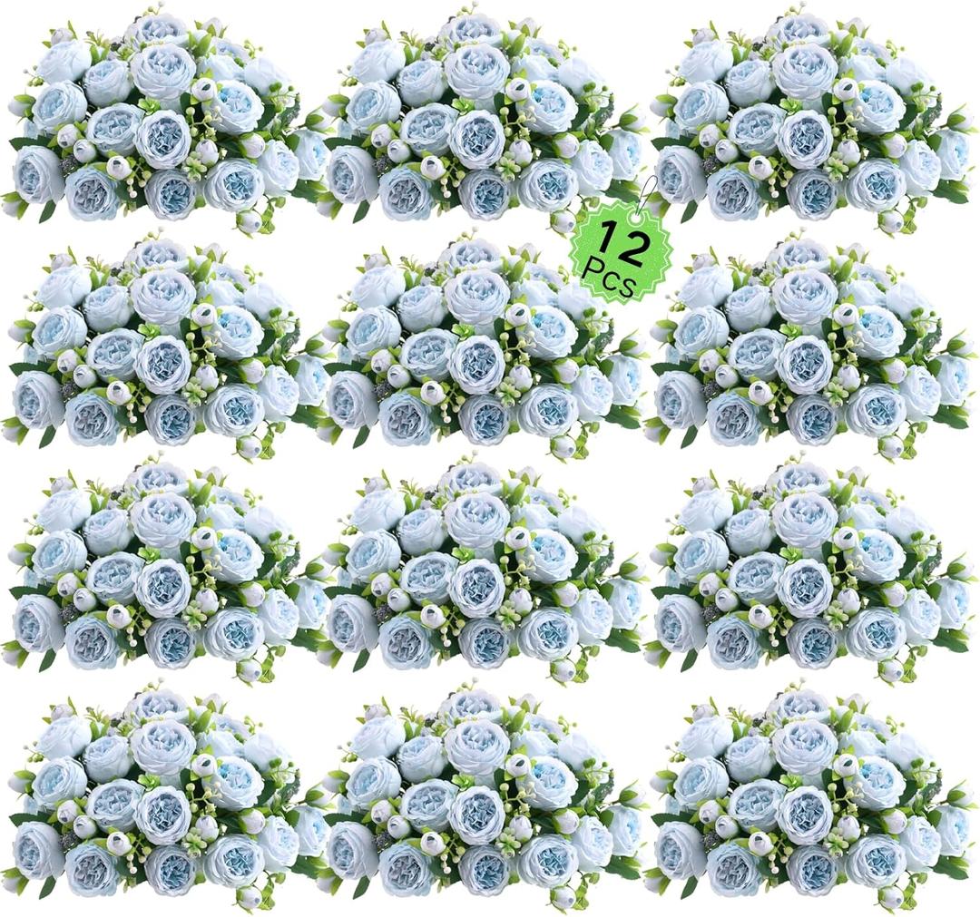 ASTRYAS 12Pcs Blue Artificial Flowers, Fake Peonies Silk Peony Faux Flowers for Decoration DIY Bridal Bouquet Centerpiece Table Wedding Party Home Decor Floral Arrangement(Blue)