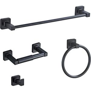 Matte Black Bathroom Hardware Set 4 Pieces,Towel Bar Set Stainless Steel Wall Mounted, Includes 16In Hand Towel Bar, Towel Ring, Robe Towel Hooks,Toilet Paper Holder, Bathroom Towel Rack Set