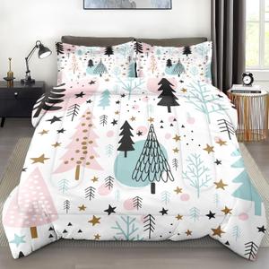 Christmas Comforter Set King Size, Cute Forest Trees Stars Soft 3 Pcs Bedding for Kids and Adults, Winter Christmas Comforter Set with 2 Pillowcases, for Bedroom Bed Decor