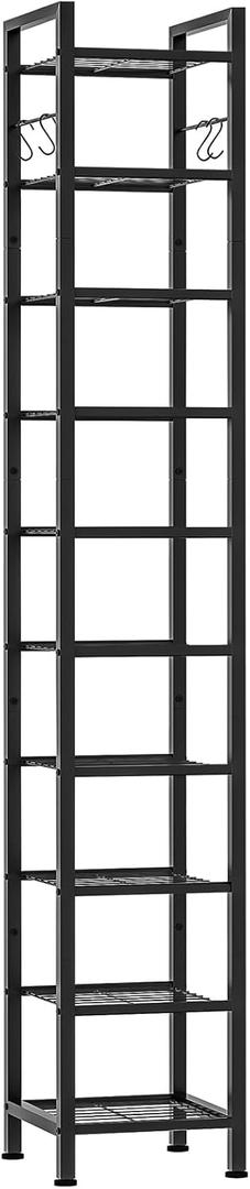 USIKEY 10 Tiers Narrow Shoe Rack for 10-20 Pairs - Sturdy Metal Tall Shelf With 4 Hooks, Slim Storage Organizer, Space Saving Vertical Design for Entryway, Closets - Black (10 Tier ( 12.6 x 11 x 69.5 inches))