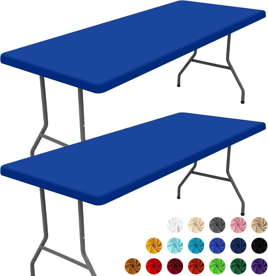 Moosfor Spandex 8 Foot Rectangle Table Cloth 2 Pack, Elastic Fitted Tablecloths for Picnic, Stretch Washable Patio Table Cover for Outdoor, Camping, Banquet and Parties (Blue, 30"x96")