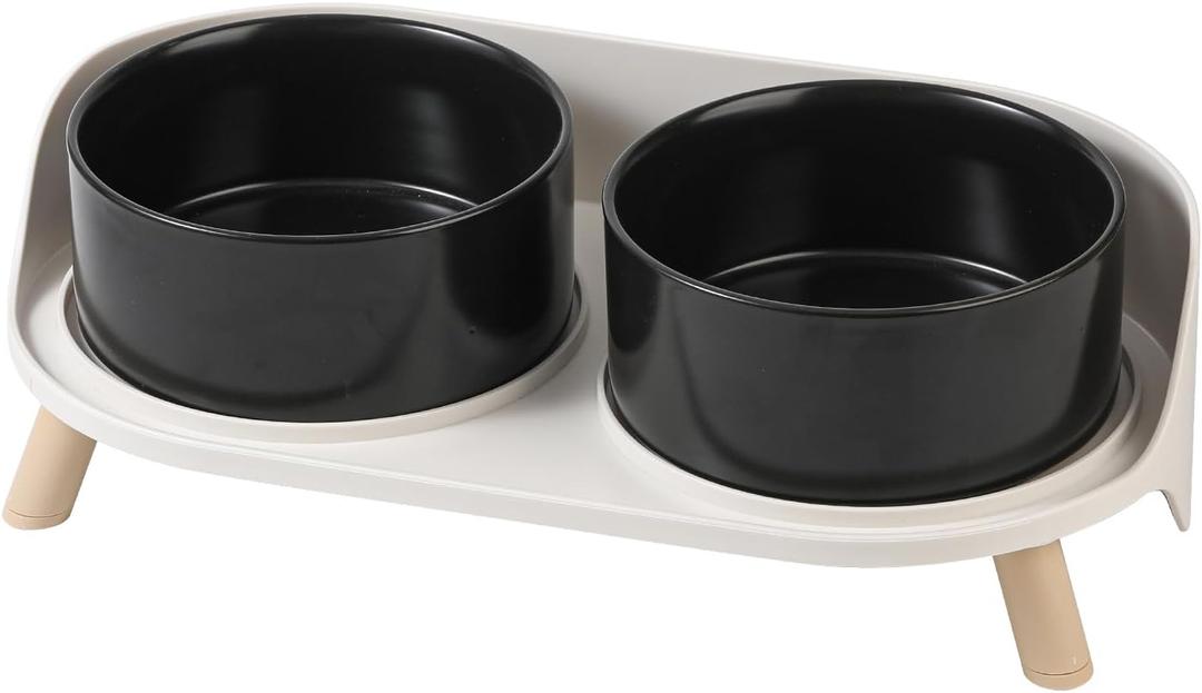 Elevated Ceramic Dog Bowl Set - Double Dog Feeding Bowls with Stand Splash Proof - Raised Dishes for Food and Water - Ideal for Small to Medium Dogs - 2 x 850 ml - 28.74 oz (Black)