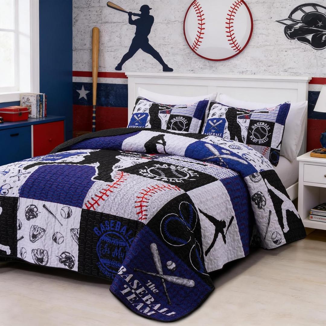 Meeting Story 3Pcs Full Size Quilt Bedspread Kids Teens Sport Baseball Patchwork Blue White Boys Multicolor Bedding Set(Blue,Full)