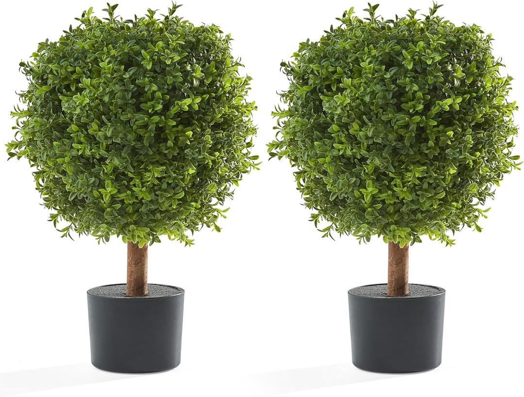 Set of 2 Topiary Boxwood Trees  24 High Pre-Potted Faux Trees - Plant Decor for Front Porch Home Office - Artificial Topiary Ball Plants for Indoor Outdoor
